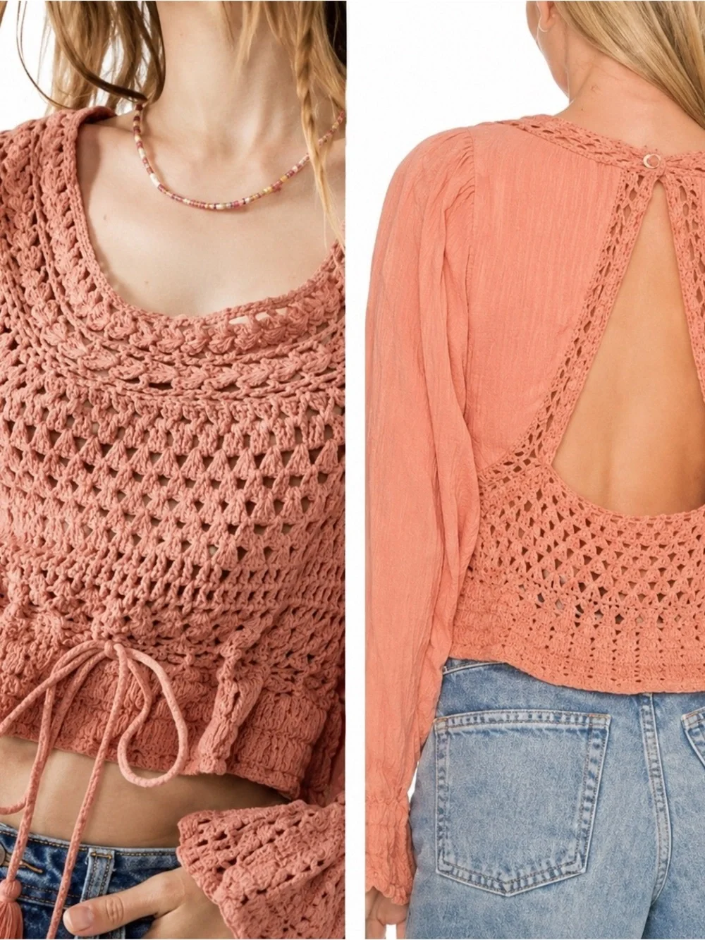Free People NWT Crochet Open Back Peasant Boho Top Terracotta Small Cotton